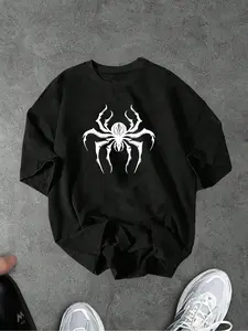 Unisex Ultra-Soft Premium Fabric Multicolor (/) Loose Short Sleeve T-Shirt, Gothic Spider Graphic, Casual Streetwear