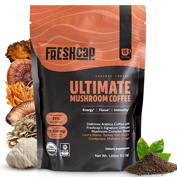 FreshCap Mushrooms Coffee – Organic Instant Coffee with 6 Adaptogenic Mushrooms & 29% Beta-Glucans – Nootropic for Clean Energy, No Jitters, Focus, Gut Health & Immune Support (15 Servings)