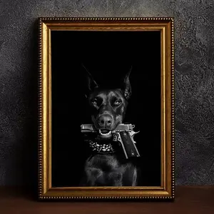 Frameless 2D Flat Fashion Doberman Dog Poster, Pistol Canvas Painting, Animal Wall Art for Living Room, Home Decor, No Frame