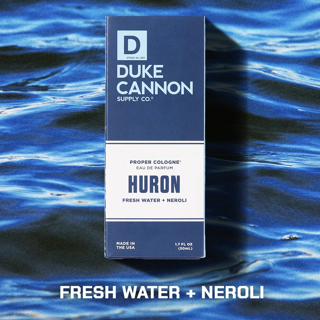 Duke Cannon Supply Co. Proper Cologne – Huron, Fresh Water & Neroli, Clean, Natural Eau de Parfum for Hard-Working Men, Crisp Freshwater Lake Scent, Long-Lasting Everyday Fragrance, Small Batch, Artisan-Made, 1.7 fl oz Modern Apothecary Bottle