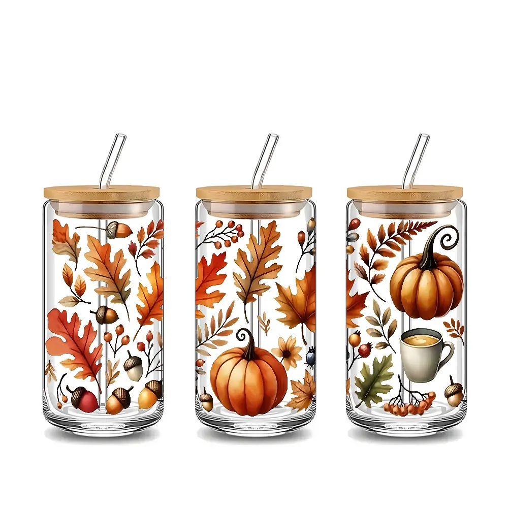 Cute Autumn Pumpkin Design 16oz Glass Water Cup with Lid and Straw, Bamboo Lid Reusable Gass Drinking Cup, High-Quality Glass Jar Design, Suitable for Iced Coffee, Beer, Juice, Milk, Cold Drink Glass Cups, Fashionable Glassware, Water Tumbler with Straw