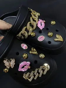 16 Piece Shoe Accessories Set, Detachable Metal Rhinestones Lip & Lipstick, Abs Flower Chain for Women Sandals Slippers, Bling Shoe Charms, Rhinestone Shoes Charms