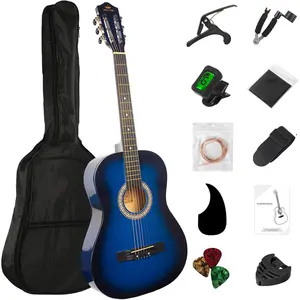 38in Beginner Acoustic Guitar Basic Starter Kit Tuner Bag Capo Strings Winders Strap Picks Student/ Guitar Pickguard with Gig Bag Blue