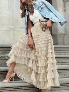 Women's Plain Ruffle Hem Tiered Layer Knit Skirt, Elegant Aesthetic High Waist Long Skirt for Vacation Holiday Party, Ladies Bottoms for All Seasons, Long Skirt Women
