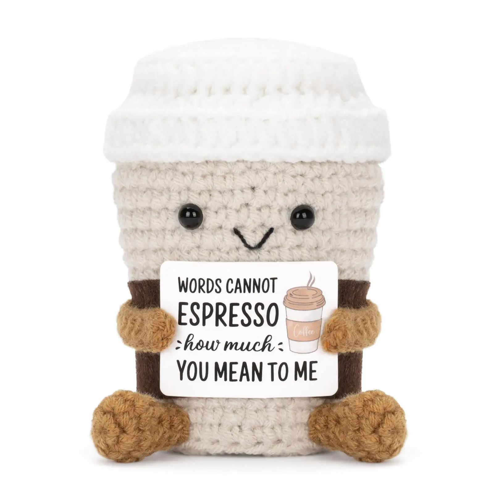 Handmade Knitted Yarn Coffee Cup Plushie - Tiny Soft Stuffed Animal, Portable Pocket Pal, Bag Pendant Keyring, Car/Desk Decor, Emotional Support Gift for Female Handmade Craft Enthusiasts (Birthday Christmas)