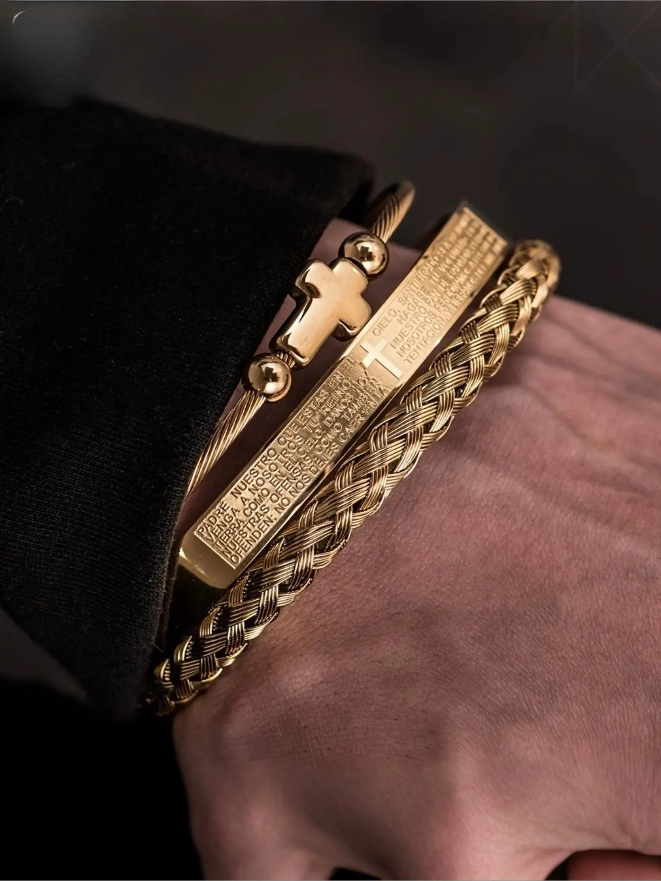 [Cross Bangle] 3pcs/set Cross Bangle, Cross Charm Bangle, Stainless Steel Braided Elastic Hemp Rope Open Bangle, Titanium Steel Simple Bangle For Couple, Bracelet Set