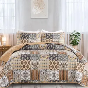 Boho Quilt Set  Size, Dark Brown Plaid Patchwork Bedspread  Set Soft Microfiber Quilt for  Bed Reversible 3 count Coverlet Set for All Season (96"x90")