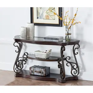 Elegant Retro Console Table, 3-Tier Traditional Rectangle Sofa Table with Tempered Glass Top, Mid-Marble Shelf, Vintage Accent Entryway Table for Living Room Hallway, Easy Assembly