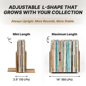 Adjustable Solid Wood Record Album Rack, Keeps Records Upright and Holds 20–60 LPs, Modern Decorative Display Suitable for Turntables, Bookshelves and Home Decor