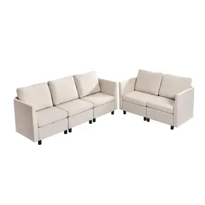summervibes 5-Seater Modular Sectional Sofa with Modular Parts, Hidden Storage, High-Rebound Sponge, Solid Wood Frame Upholstery, Cloud-Design Comfy Couch for Living Room, Bedroom, Beige, Five-Seater