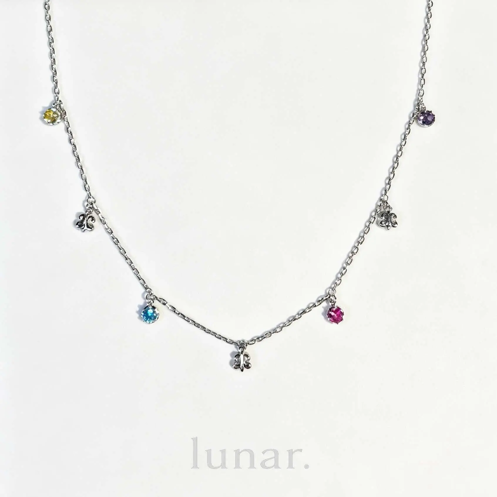 Lunar Colorful Gemstone Necklace, Multi Color CZ Charm Chain Necklace, Silver Tone Alloy Jewelry, 20'' Trendy Necklace for Women