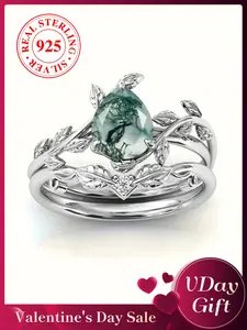 S925 Sterling Silver Natural Grass Agate Ring Set, with Box, Fashion Accessories for Women & Men, Statement Ring, Trendy All-match & Exquisite Jewelry for Birthday Gift, Bridal Engagement Ring, Wedding Engagement Ring