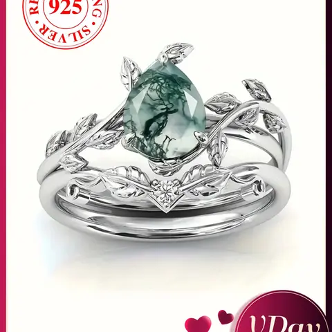 S925 Sterling Silver Natural Grass Agate Ring Set, with Box, Fashion Accessories for Women & Men, Statement Ring, Trendy All-match & Exquisite Jewelry for Birthday Gift, Bridal Engagement Ring, Real Rings