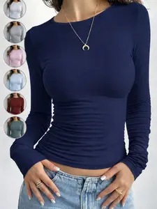 Women's Plain Round Neck Tee, Casual Soft Long Sleeve T-shirt for Daily Wear, Ladies Clothes for Fall & Winter