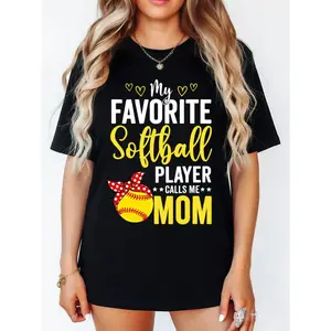 My Favorite Softball Player Calls Me Mom T-Shirt, Women's Athletic Mother Graphic Tee, Game Day Sports Novelty Short Sleeve Apparel for Her and Mother, Aesthetic Family Support Gift Fashion Top, Viral Trendy Retro Streetwear Shirt