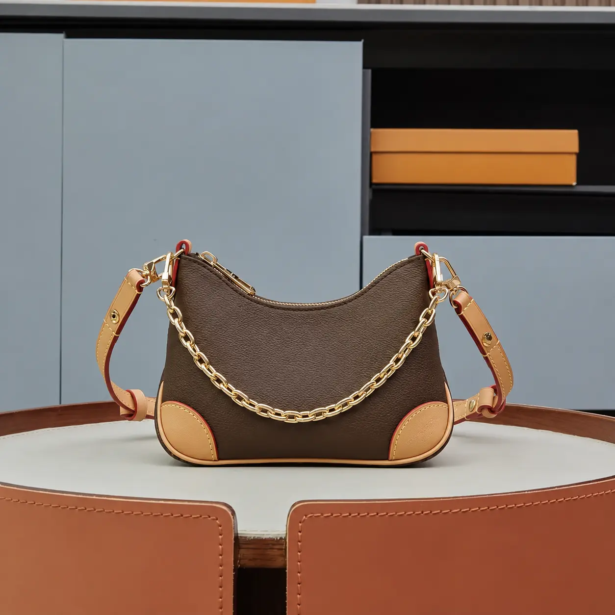 Women's Casual Brown Faux Leather Hobo Crossbody Bags - Chain Detail, Adjustable Strap Purse for Women's Crossbody & Shoulder Bags, Hobo Shape, Purse Women's Crossbody & Shoulder Bags