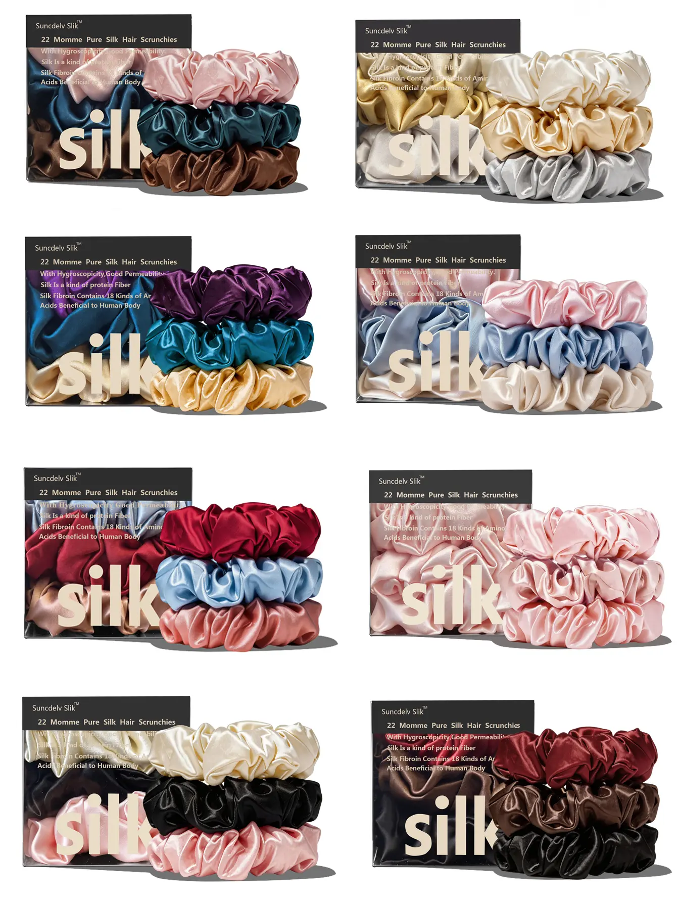 Suncdelv Silk,100% Silk Scrunchies for Hair,22 Momme Hair Ties for Anti-Crease & Breakage,Natural Women Hair Accessories，Fashion Hairbands 3PCS
