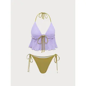 Purple Contrast Tie Front Tankini Set Classic Contrast Color Block Tankini Deep Neckline Cutting Body Contouring Soft Fabric Not Easy Deform Perfect Matching Style For Resort Pool Gathering Women Swimming Suit
