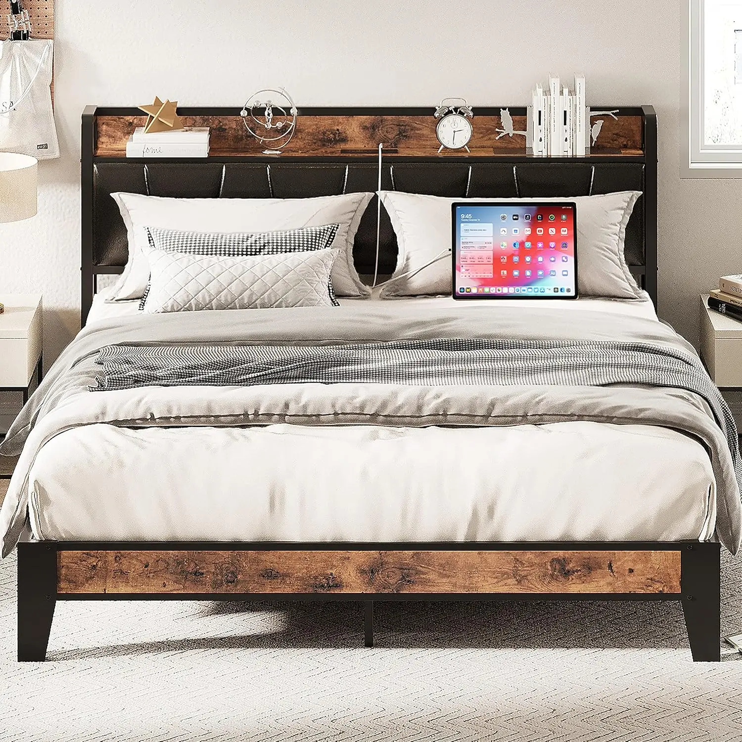 LIKIMIO Upholstered Metal Bed Frame - Queen Size, Heavy-Duty Storage Headboard with Charging Station, Solid Stable Noise-Free, No Box Spring Needed, Easy Setup Minimalist Platform Bed, Bed Frame For Queen, Upholstered Bed Frames