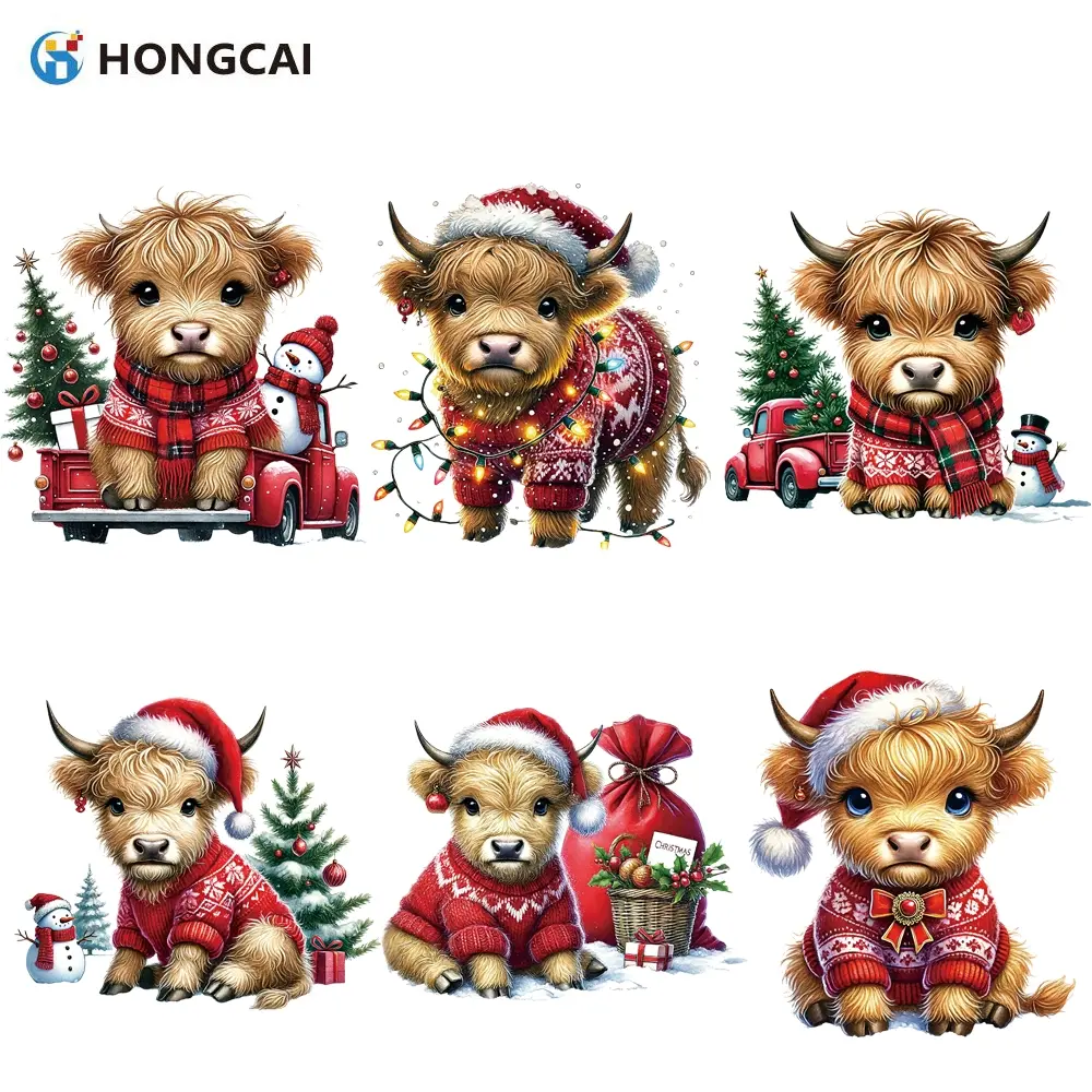 Cute Christmas Highland Cow Heat Transfer Vinyl Set, 6 Pieces, Easy DIY Iron-On Decals for Clothes, Bags, Perfect Holiday Gift Idea
