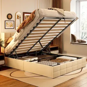 Full Size Upholstered Bed Frame with Hydraulic Lift Storage, Headboard, Large Storage Space, Room Decor Functionality and Included Slats (Fits Full-Queen Sizes)