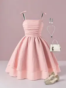 Girl's Solid Color Tie Shoulder Cami Dress, Cute Fashion Casual Sleeveless Short Dress for Party Holiday Wedding Guest, Kids Summer Clothes, Party Outfits