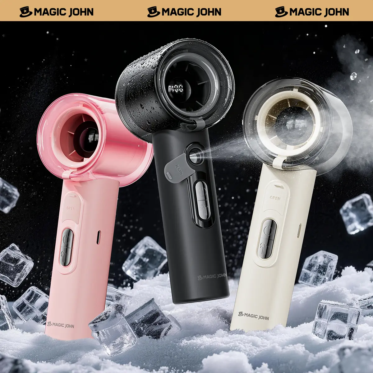 MAGIC JOHN Mist Fan, 2-in-1 Handheld & Desktop Fan, 100-Speed Stepless Control, 3000mAh Rechargeable Battery (Up to 12.5H Runtime), Smart LED Display, Portable Cooling Fan with Lanyard & Stickers, for Travel, Summer, Concerts & Commuting