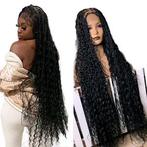 Black Boho Knotless Braided Wig Synthetic Hair Long Curly Style for Women Invisible Knots Wig Interlocked Sister Locs