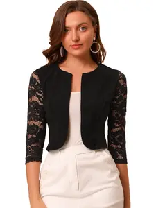 INSPIRE CHIC Women's 3/4 Sleeve Floral Lace Shrug Top Open Front Work Office Bolero Cardigan