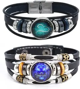 2 count Multilayer Constellation Zodiac Leather Bracelet  Woven Zodiac Sign Wrap Bracelet Wristband for Women Men  Birthday