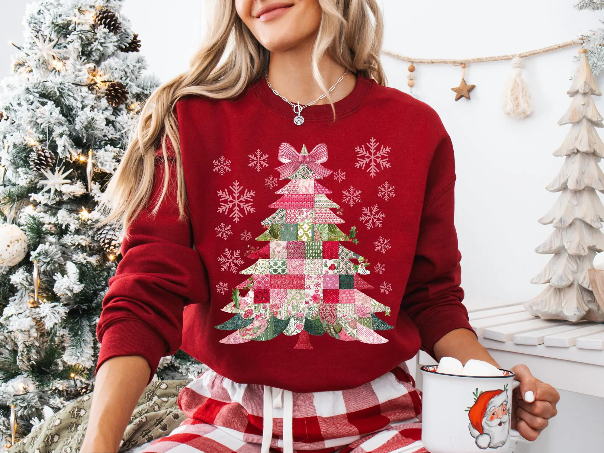 Patchwork Christmas Tree Sweatshirt, Coquette Bow Holiday Sweater, Quilt Tree Crewneck, Cottagecore Winter Shirt, Festive Gift for Her