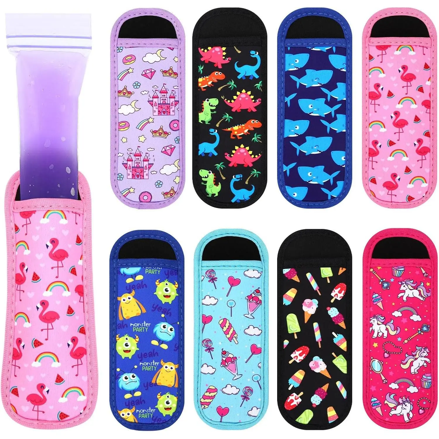 8 Pack Cute Cartoon Dinosaur Popsicle Holders, 6.9x2.6" Washable Neoprene Insulator Bags for Ice Pops, Kitchen Utensils & Party Favors