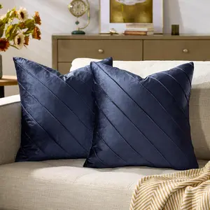 Navy Velvet Pillow Covers 18x18, Set of 2 Couch Decorative Throw Pillows Covers Living Room Square Cushion Stripe Covers
