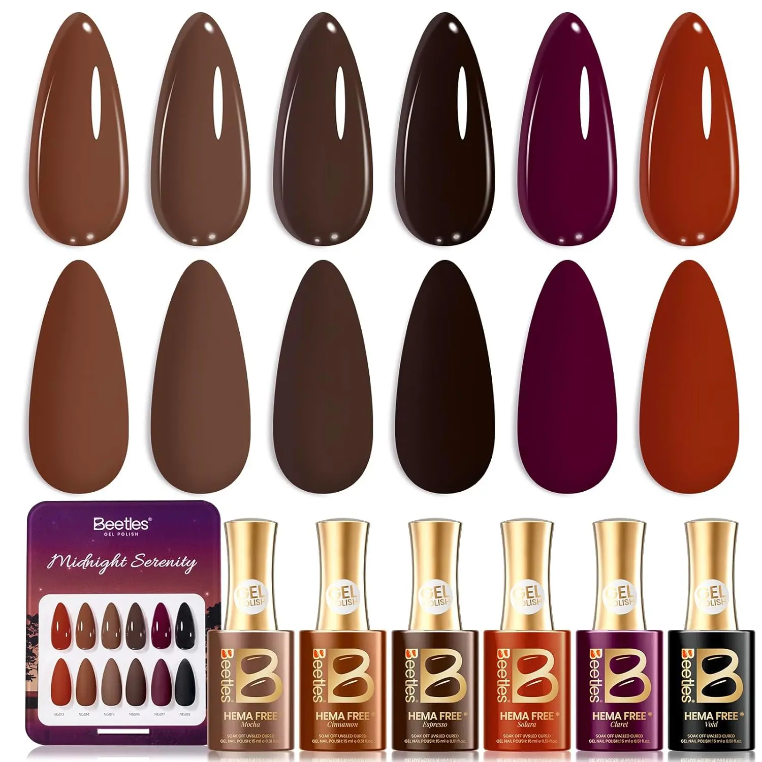 beetles Gel Polish Gift Set -HEMA-Free Gel Polish Set, 6 Colors 15ml Salon-Quality Long Lasting Soak Off UV LED Nail Gel with Swatch Card