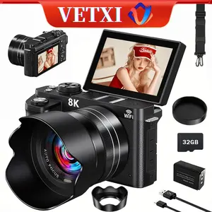 VETXI-50 8K Digital Camera, 88MP Cameras forPhotography, Vlogging Camera for YouTube with 3" 180° FlipScreen, 18X Zoom UHD Autofocus Video Camara with LensHood, 32GB/64GB Card