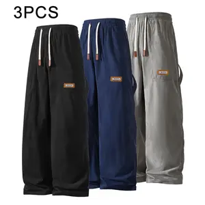 3-pack men’s summer corduroy pants — loose casual trousers featuring an elastic waistband with drawstring design; soft, comfortable fabric suitable for summer sports and outdoor activities.