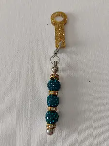 Beaded Straw Charm with Gold Keyhole and Teal Beads for Stylish Accessories