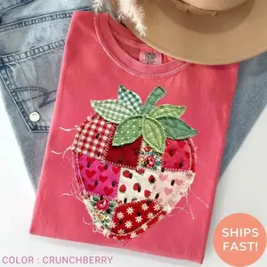 (Print) Comfort Colors Strawberry Shirt, Patchwork Berry Tee, Rustic Gingham Cottagecore Aesthetic Vintage Print Soft T-shirt, Apparel Made In The USA		