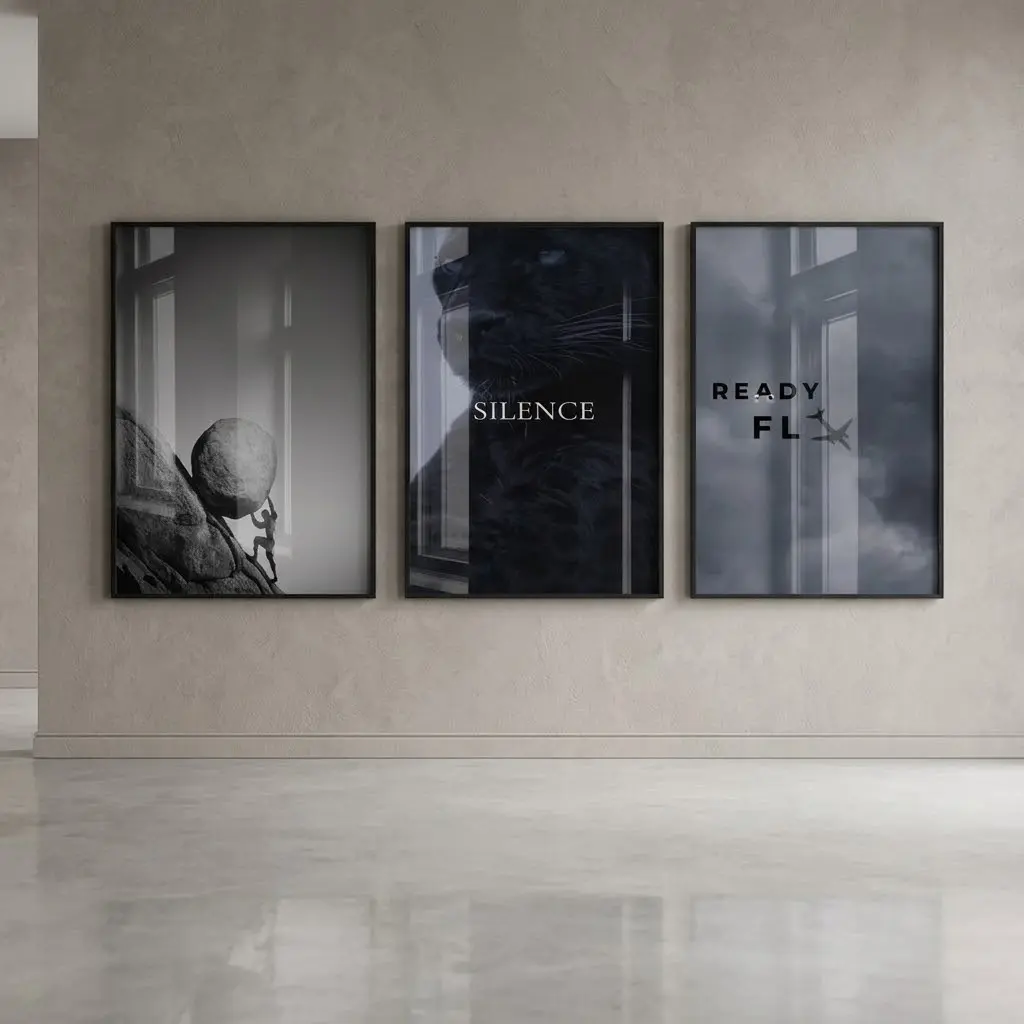 Motivational Wall Art No-frame Set of 3, Sisyphus Perseverance Print, Black Panther Silence Poster, Ready to Fly Art, Success Mindset Office Decor