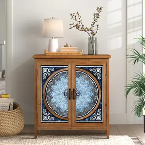 PHI VILLA Accent Cabinet with 2 Doors, Farmhouse Decorative Storage Cabinet Vintage Entryway Cabinet Kitchen Small Sideboard Buffet Cabinet, Solid Wood Legs, Black Engraving