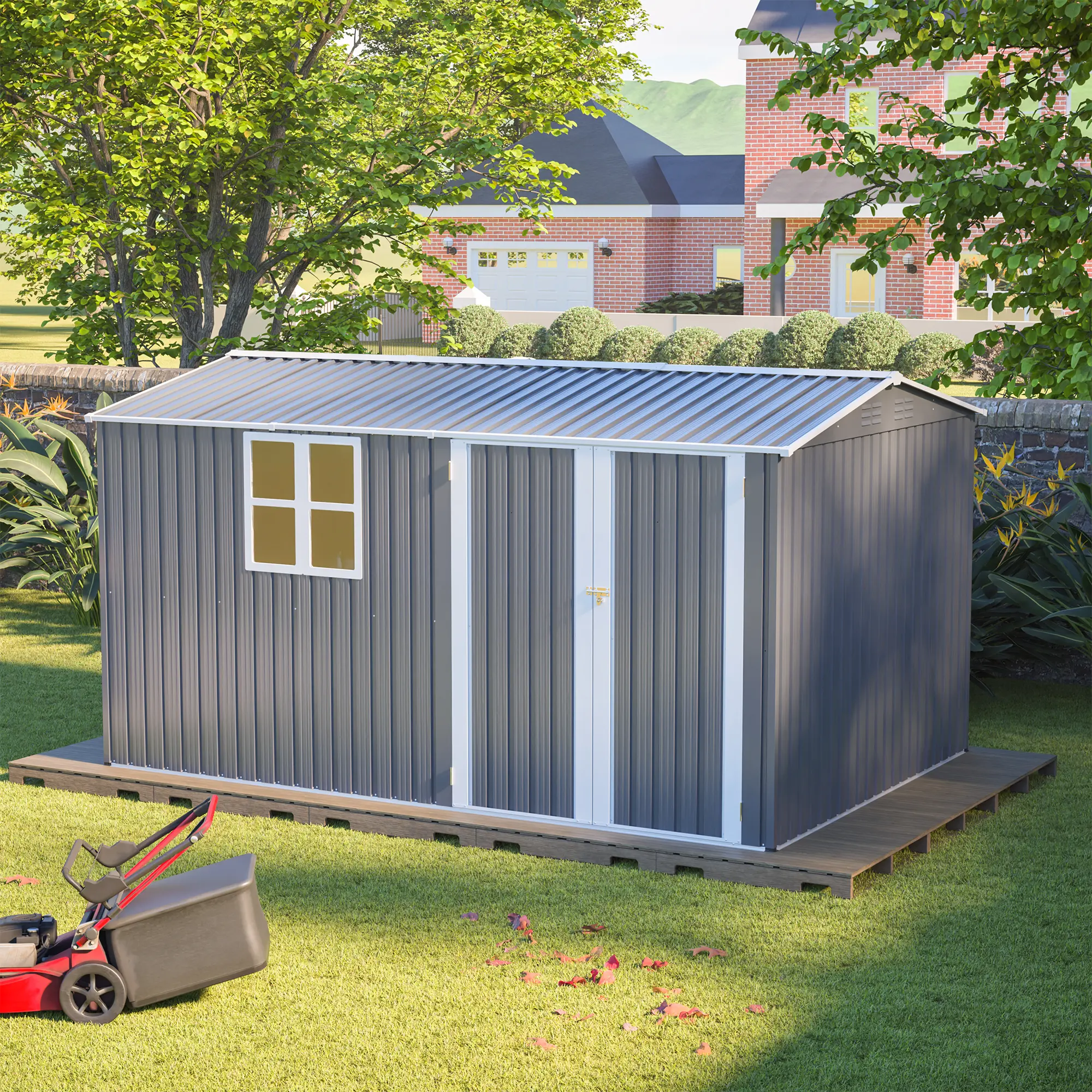 8x12 FT (143.4"w x 94"d x 76.5"h) Heavy-Duty Steel Outdoor Storage Shed, with Window, Ventilating Vents, Gray Padlock-Ready Doors, Enhanced Security for Backyards, Lawn Equipment & Gardening Tools Storage
