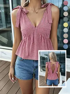 9 Colors Available，French Elegant Gingham Sleeveless Top, Deep V Neck, Bow Straps, Back Tie Waist, Flowy Ruffle Hem, Casual Beachwear,