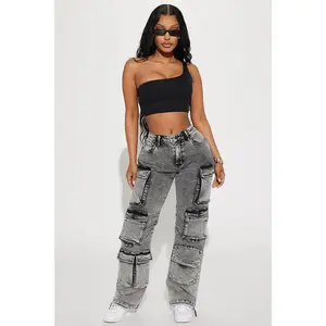 Fairfax High Rise Stretch Cargo Jeans - Acid Wash Grey Bottoms Womenswear