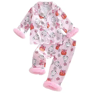 Toddler Baby Girls Halloween Silk Satin Pajamas Set Feather Trim Long Sleeve Pumpkin/Ghost Shirt Tops Pajama Pant Fuzzy Lounge Pjs