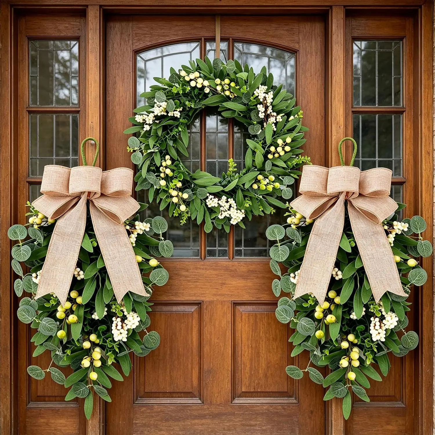 3 PCS Artificial Green Eucalyptus Wreaths for Front Door Spring Summer Greenery Teardrop Swag with Eucalyptus Leaves Olives Mixed Berry for Indoor Outdoor Farmhouse Home Wall Festival Wedding Decor