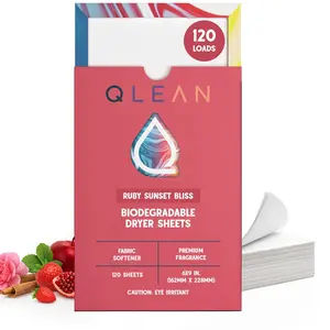 Qlean Dryer Sheets | Natural Fabric Softener & Removes Static Cling | Vegan Laundry Softener | Soft, Fresh Laundry, Perfect for Clothes and Beddings, Ruby Sunset Bliss - 120 Loads Household Box Cleaner Pack