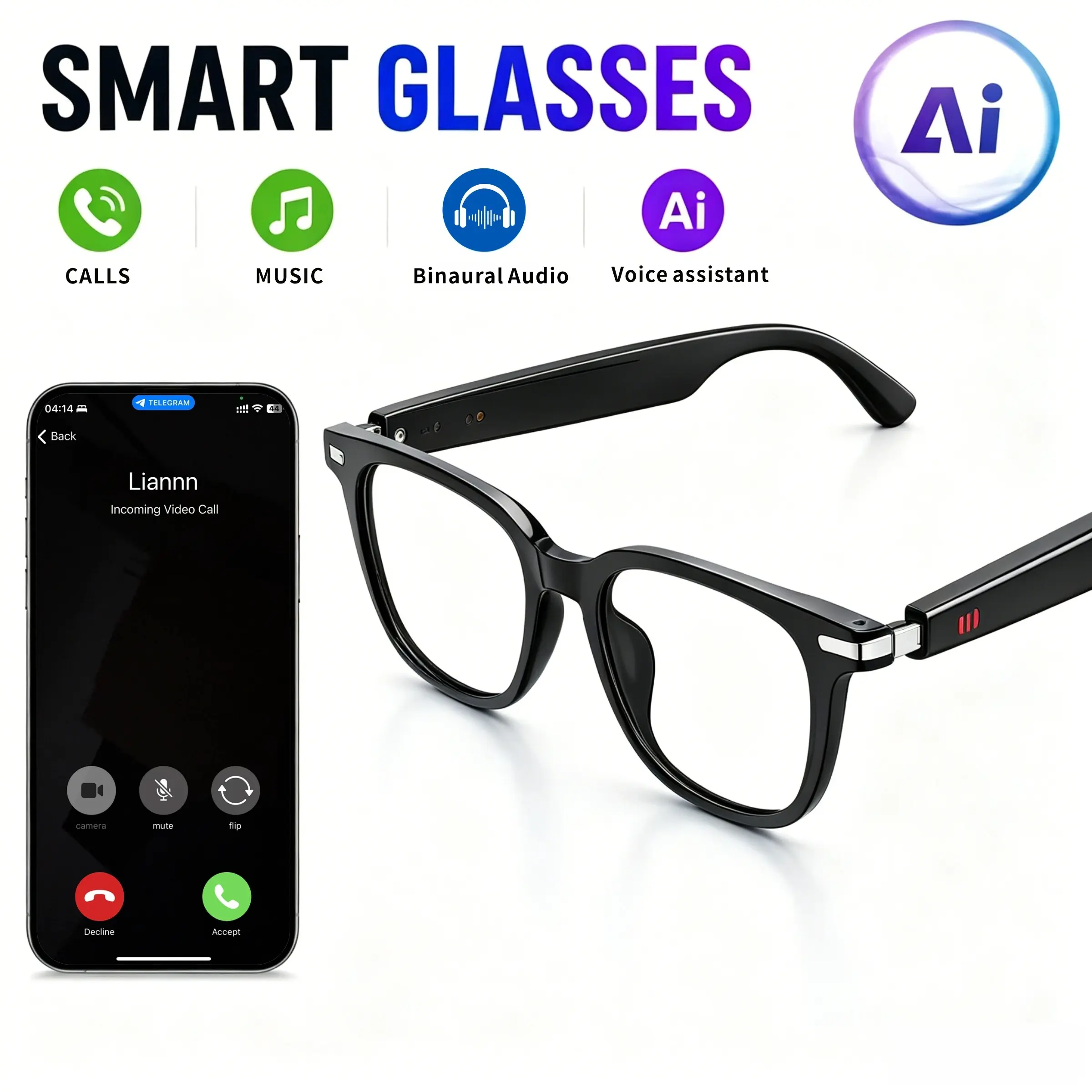 New smart glasses, Smart audio glasses, Wearable smart glasses, with wireless connection, AI voice assistant, command life, Lenses block glare and protect eyes, Sensitive microphone for clear sound, Magnetic charging, easy to use, ideal gift for men
