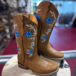 Light Brown Cowgirl Boots With Blue Flowers Square Toe
