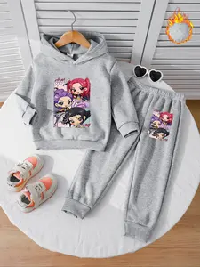 Girls Long Sleeve Witch Hunter Corps Fleece Set, Hooded Sweatshirt with Cartoon Print, Warm Windproof Fall & Winter, Casual Fashion Set