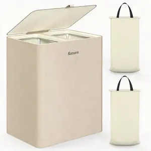 2 Compartment Laundry Hamper with Lid, Large Capacity 95L & 115L Dirty Clothes Basket, Beige